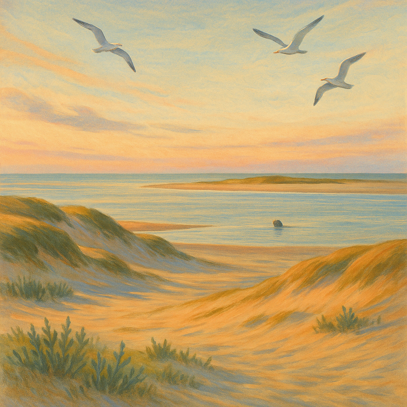 Een illustratie van het Waddenzeegebied met uitgestrekte zandstranden, glooiende duinen, en kwelders onder een zachte zonsopgang. Enkele meeuwen vliegen in de lucht en een zeehond is zichtbaar in het water.