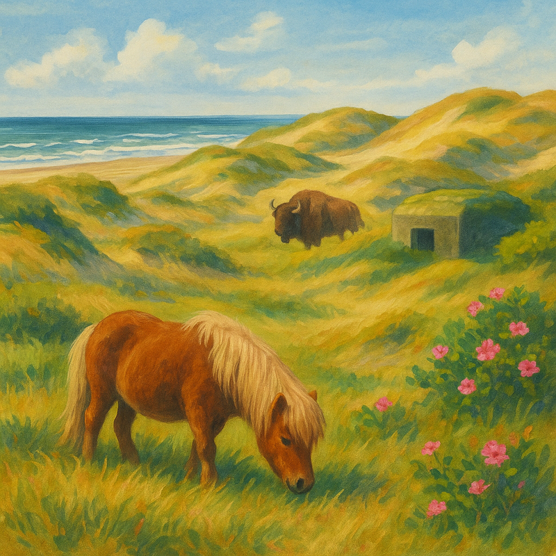 Een kleurrijke tekening van het Nationaal Park Zuid-Kennemerland met zandduinen, een breed strand, de zee, grazende Shetlandpony's en wisenten, en een door de natuur overgroeide historische bunker.
