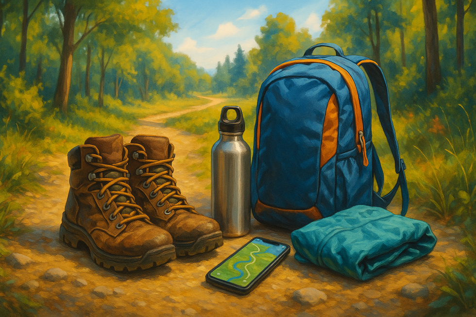Illustratie van essentiële wandeluitrusting voor een dagtocht, inclusief schoenen, rugzak, waterfles en regenjas, op een een bospad.