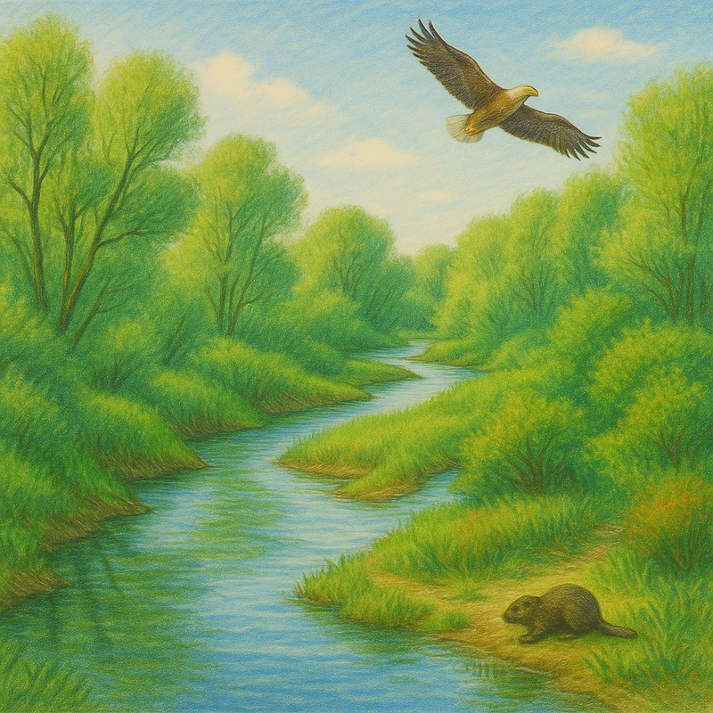 Een kleurrijke tekening van de Biesbosch, met kronkelende waterwegen, wilgenbossen, een bever en een zeearend.