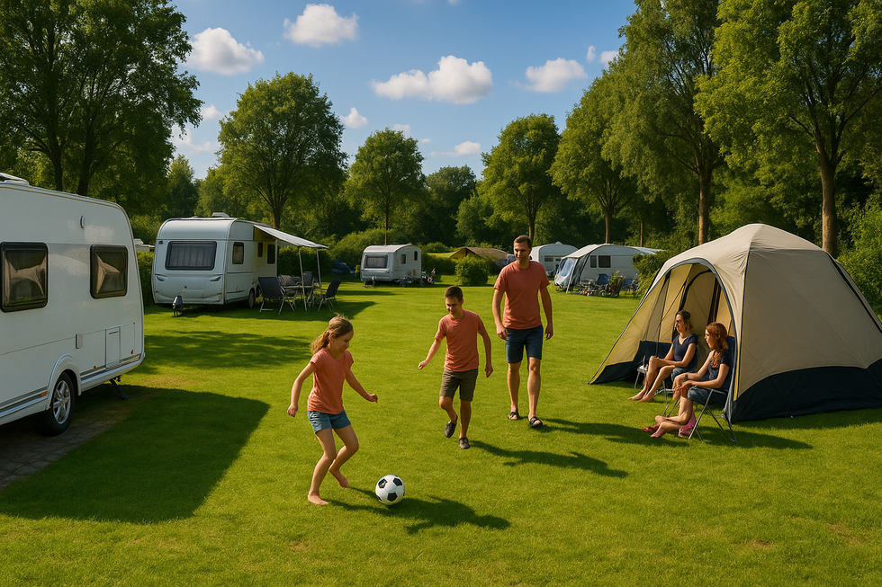 Drukke Nederlandse camping met caravans en tenten tijdens zomerseizoen
