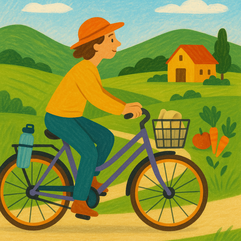 Een illustratie van een persoon die fietst door een groen landschap, met een boerderij en lokale producten, wat duurzaam toerisme in Nederland symboliseert.