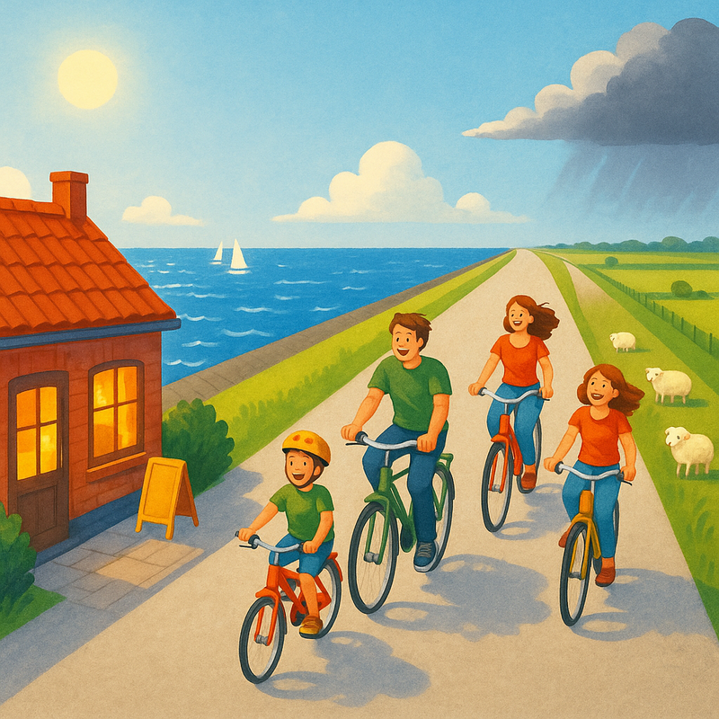 Een familie fietst op een brede dijk in Zeeland. Links is de uitgestrekte Oosterschelde, rechts zijn groene polders. Een charmant cafeetje is zichtbaar, en in de verte hangt een wolkje.