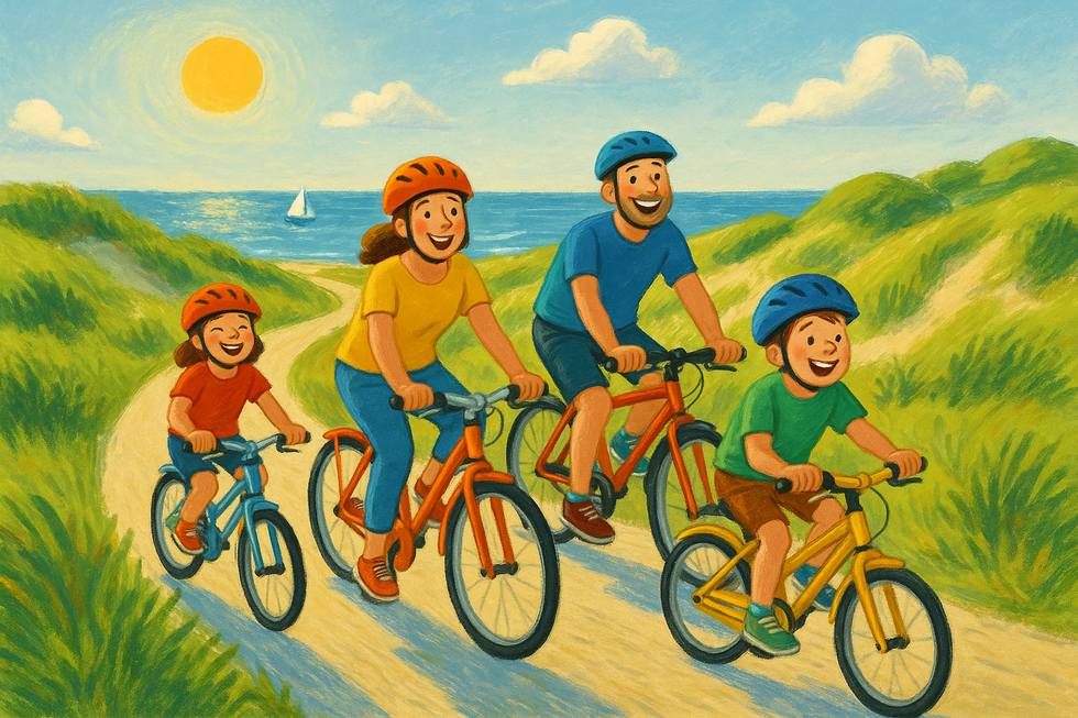 Een kleurrijke illustratie van een gezin van vier dat glimlachend fietst over een pad door groene duinen, met de Noordzee en zeilboten op de achtergrond. Iedereen draagt een helm.