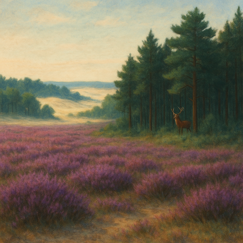 Een serene tekening van de Veluwe met paarse heide, dichte dennenbossen, zandverstuivingen en een edelhert.