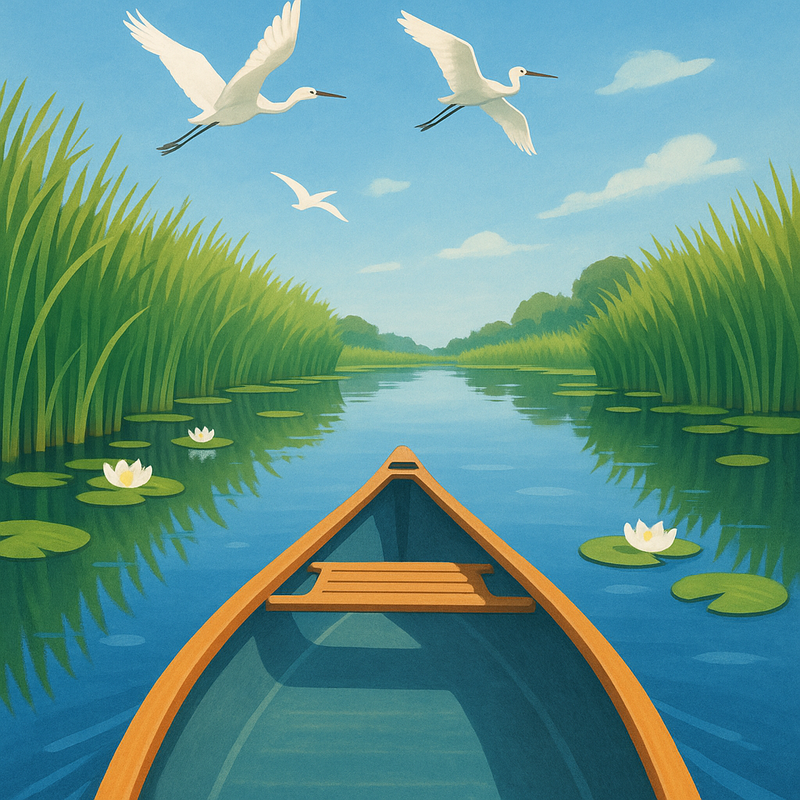 Een illustratie van een lege, stabiele kano die door een rustig waterlandschap vaart, omringd door riet en waterlelies, met vogels in de lucht.