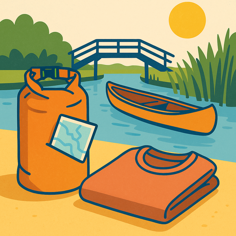 Een stilleven van essentiële kano-uitrusting in een kleurrijke tekenstijl. Een opgerolde waterdichte tas, een gevouwen sneldrogend shirt en een waterbestendige kaart liggen voor een lege kano op een Giethoornse gracht.