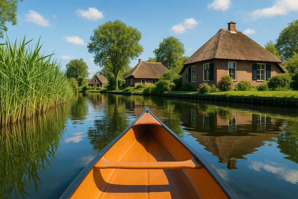 Een idyllische, kleurrijke tekening van een kano op het water in Giethoorn, met traditionele huizen en weelderig groen langs de oevers.