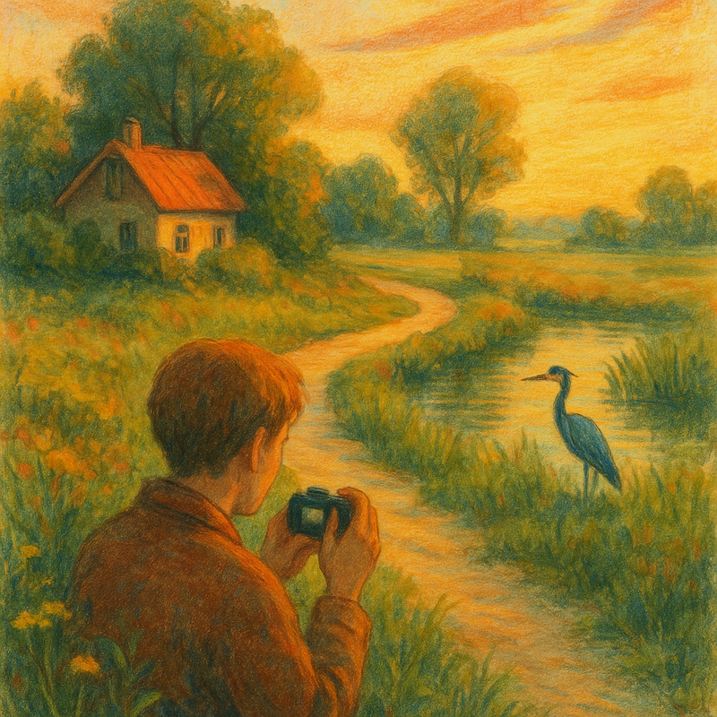 Een illustratie van een rustig Nederlands landschap bij zonsondergang, met een kronkelend zandpad, een klein huisje en een vogel bij het water. Een persoon observeert de omgeving geduldig, wat de essentie van langzaam reizen en natuurfotografie weerspiegelt.