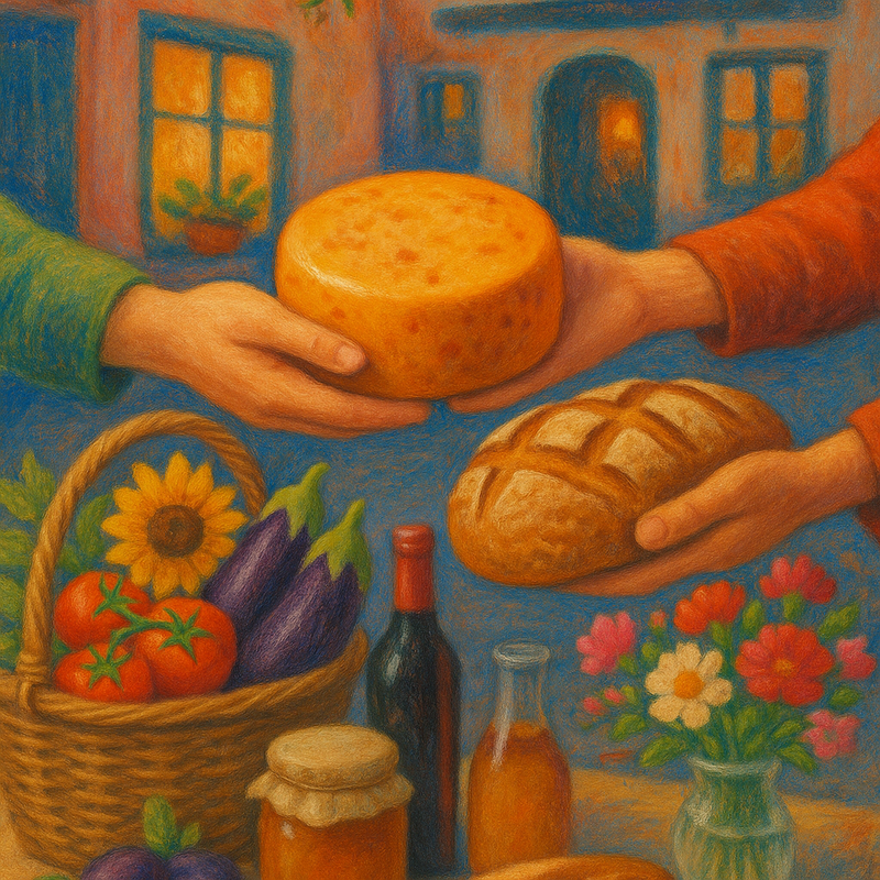 Een kleurrijke tekening van lokale Hollandse streekproducten; een hand biedt verse kaas aan, naast ambachtelijk brood en hints van een sfeervolle lokale winkel.