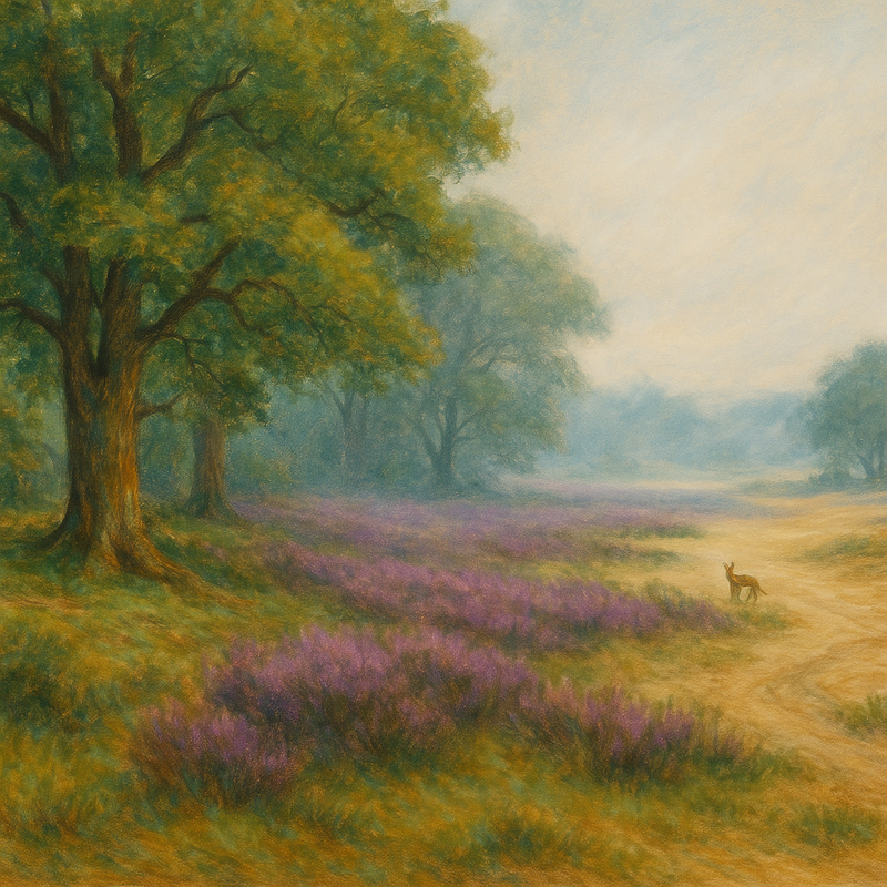 Een illustratie van het Nationaal Park Drents-Friese Wold, met uitgestrekte bossen van oude bomen, open heidevelden en zandverstuivingen, badend in een serene rust na regen, met een hert in de verte.