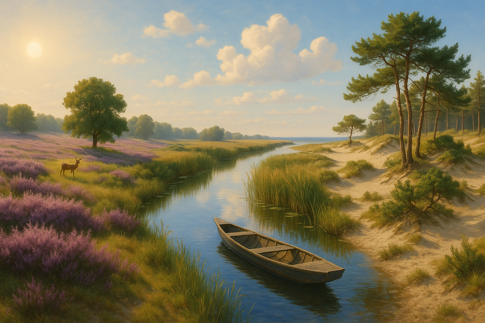 Colourful drawing of diverse Dutch landscapes, including purple heather, a tranquil waterway with a punt, and rolling sand dunes with pines, under a clear sky.