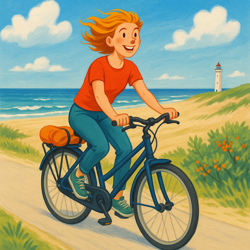 Een vrolijke vrouw op een fiets, met wapperend haar, rijdt langs een breed strandpad aan de Noordzee, omringd door duinen en de zee.
