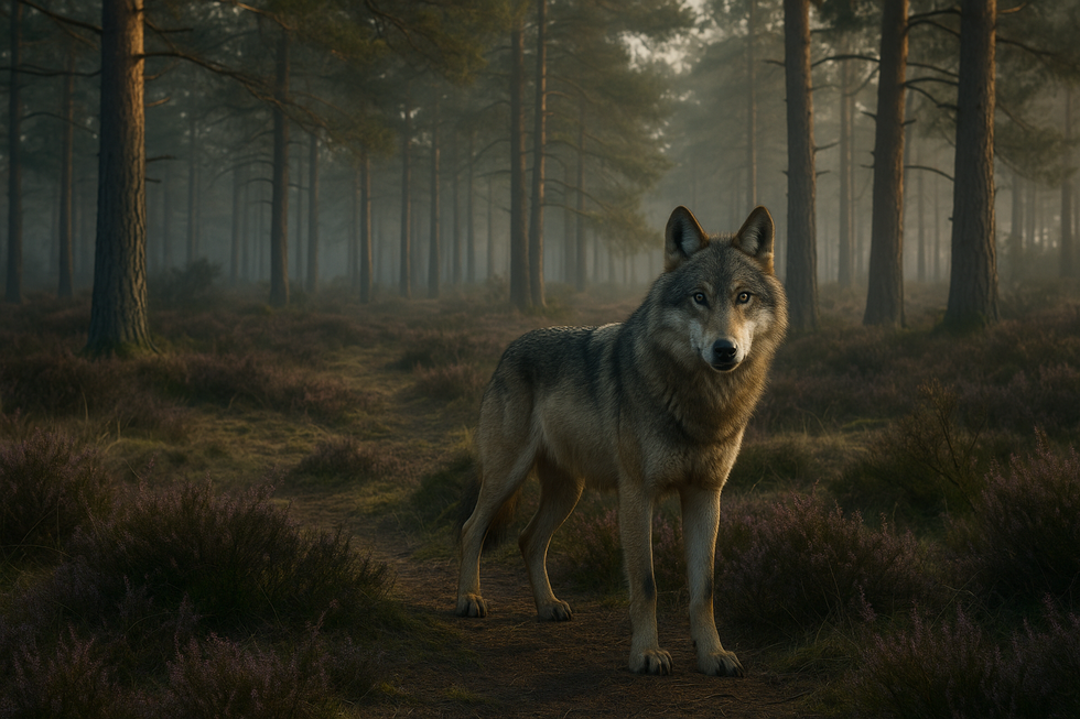 Grijze wolf staat alert tussen dennenbomen in Nederlands boslandschap