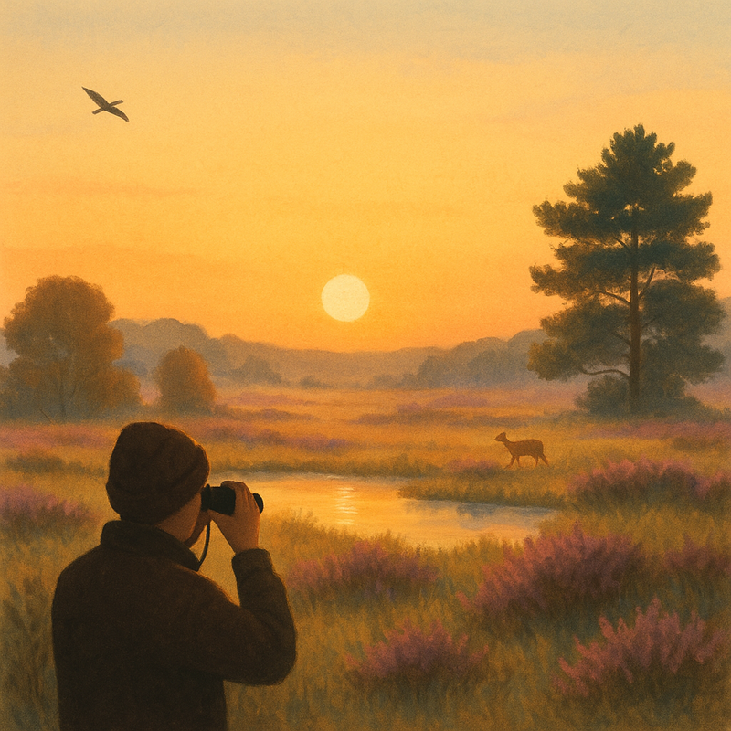 Een rustige, kleurrijke illustratie van een Nederlands landschap bij zonsopgang met een figuur die op afstand de natuur observeert, symboliserend geduld en respect.