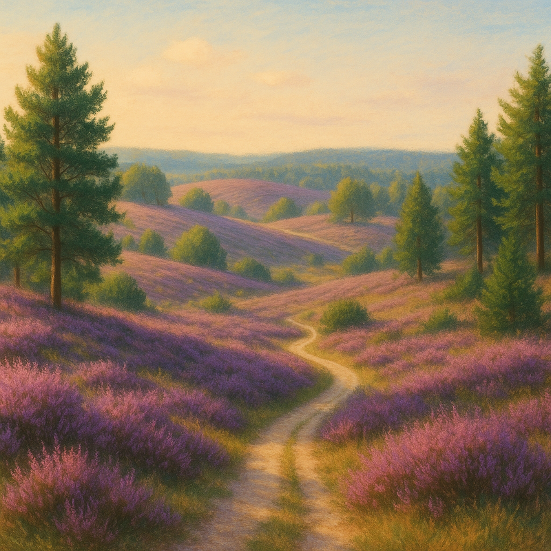 Een illustratie van een weids landschap met glooiende heuvels, paarse heide en donkergroene bossen. Een zandpad kronkelt door het landschap onder een heldere lucht.