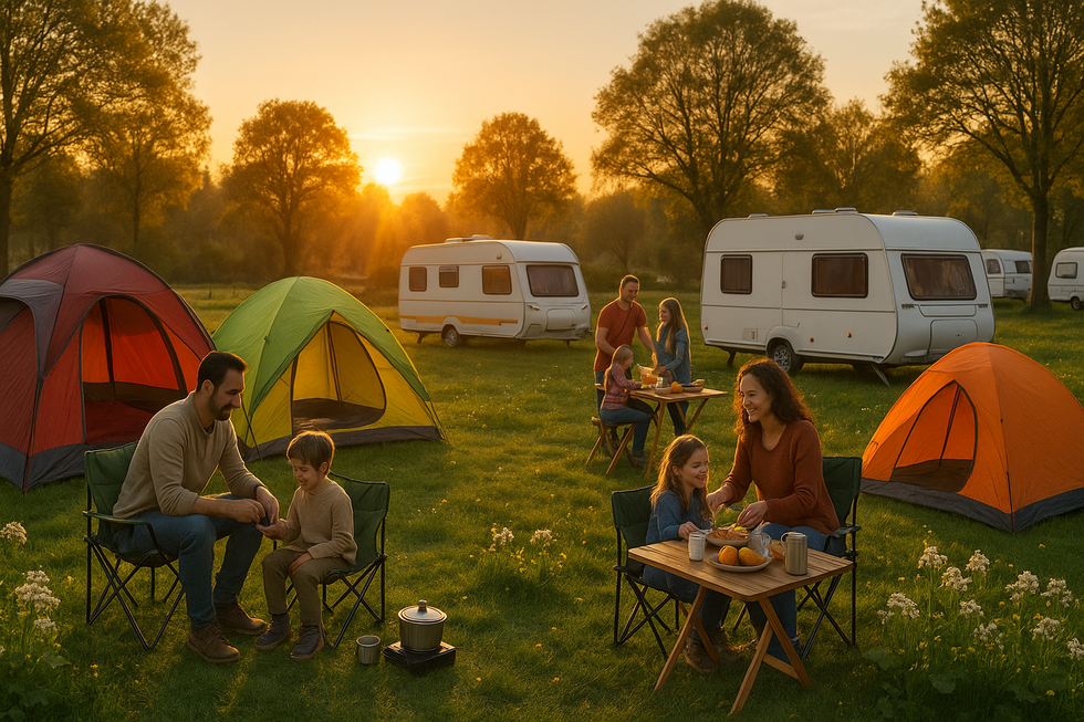 Nederlandse camping met tenten en caravans tijdens start kampeerseizoen 2025