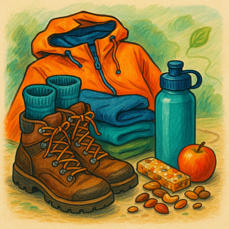 Een kleurrijke tekening van een set essentiële wandeluitrusting, inclusief ingelopen wandelschoenen met technische sokken, gelaagde kleding met een waterdichte jas, een waterfles en gezonde snacks.