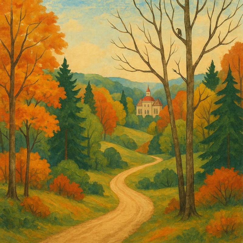 Een schilderij van een herfstbos op de Utrechtse Heuvelrug, met een kronkelend pad, diverse bomen in herfstkleuren, groene naaldbomen en een historisch gebouw op de achtergrond.