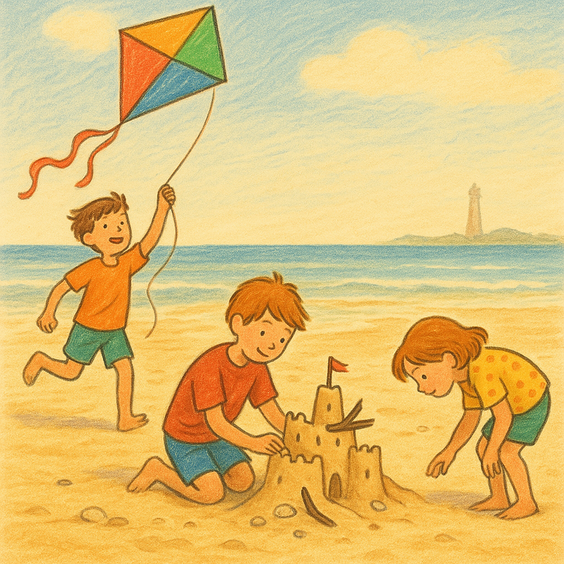 Een kleurrijke tekening van kinderen die spelen op een zandstrand van een Waddeneiland. Een kind vliegt een vlieger, een ander bouwt een zandkasteel met schelpen en drijfhout, en een derde zoekt naar schatten in het zand, met de zee en een open lucht in de achtergrond.