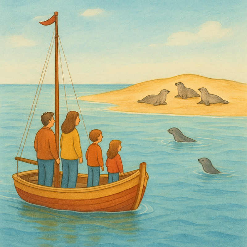 Een illustratie van een gezin op een traditionele boot dat op afstand zeehonden observeert op een zandbank in de rustige Waddenzee. De scène toont de vredige interactie tussen mens en natuur.