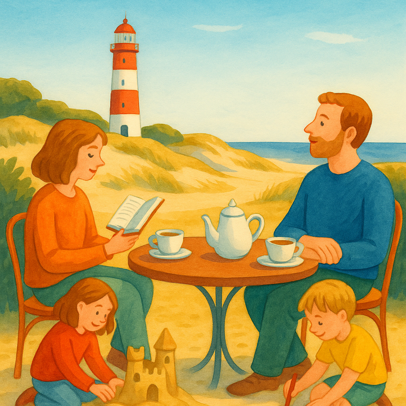 Illustratie van een familie die ontspant bij een café op een Waddeneiland, met een vuurtoren en duinen op de achtergrond.