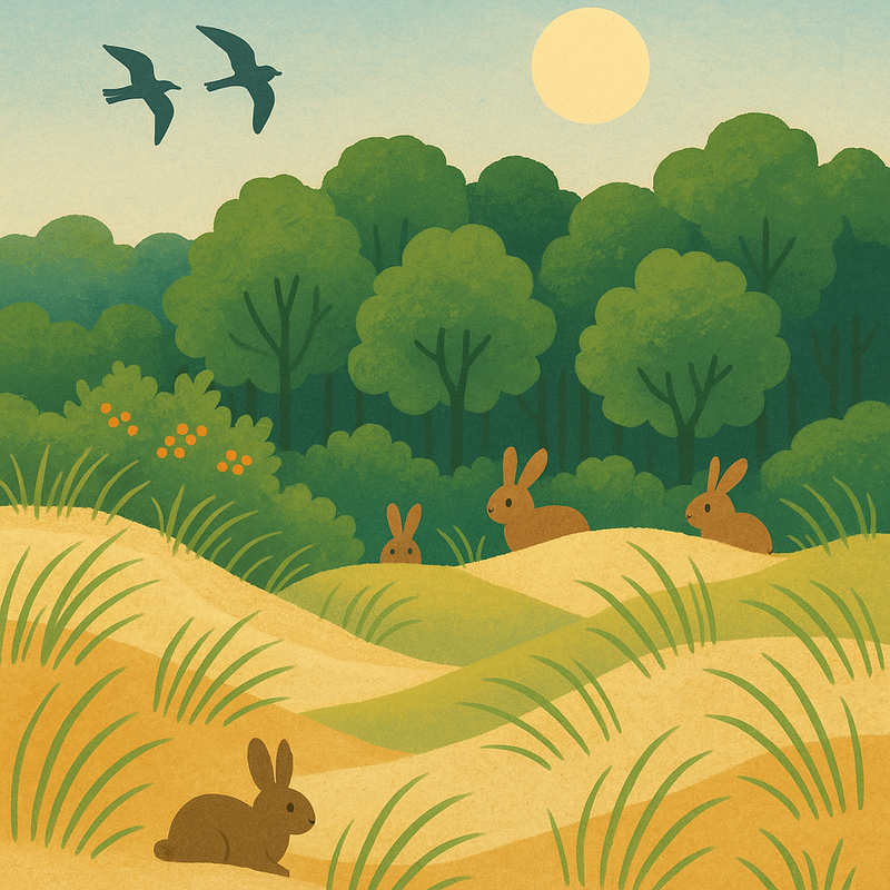 Een kleurrijke tekening van glooiende duinen met helmgras, een rustig bos op de achtergrond, en kleine konijnen en vogels, wat de serene natuur van de Waddeneilanden weergeeft.