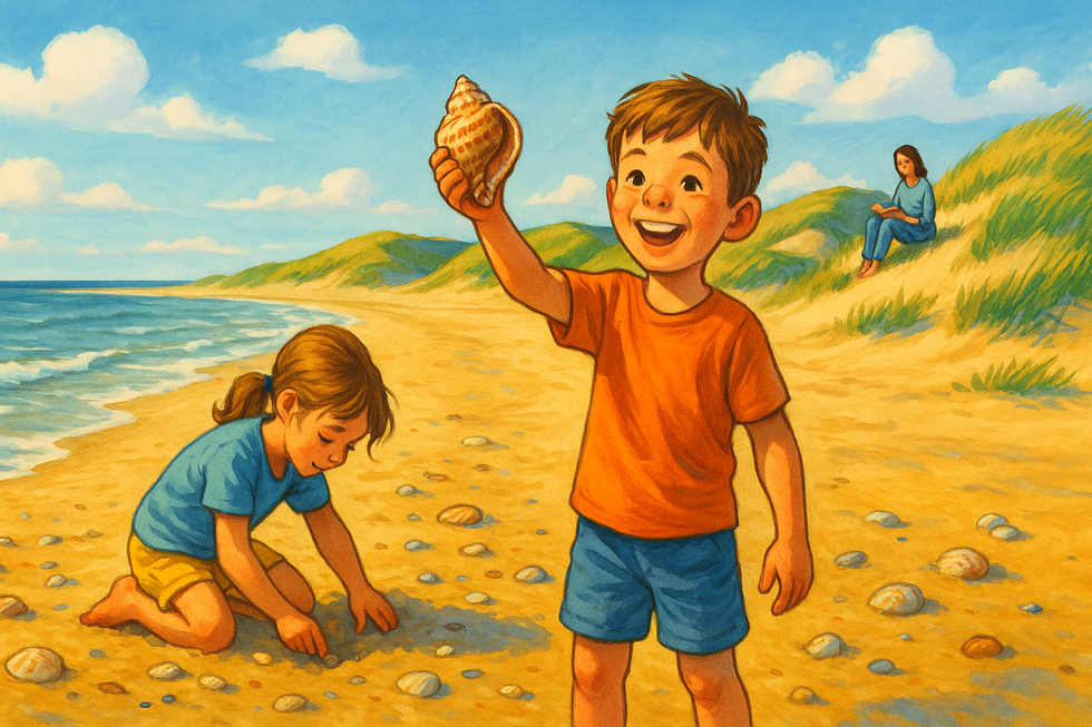 Een illustratie van twee lachende kinderen die schelpen zoeken op een zonnig strand van de Waddeneilanden, met duinen en de zee op de achtergrond. Een volwassene zit rustig op een duin, genietend van het uitzicht.