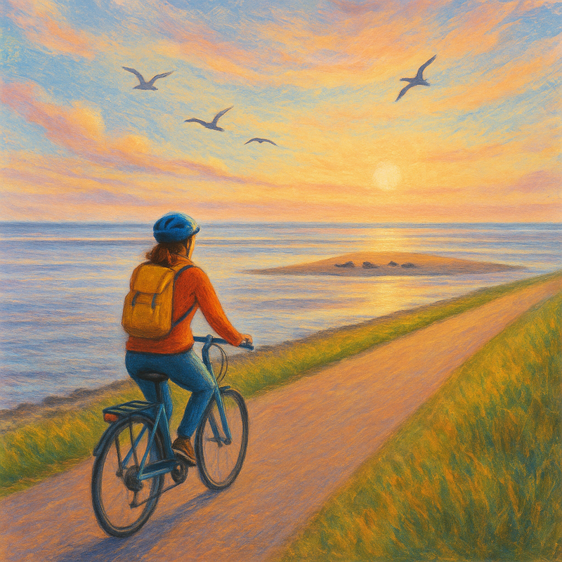 Een fietser geniet van de serene, open landschappen langs de Waddenzee met zeehonden in de verte en vogels in de lucht, in een kleurrijke tekenstijl.