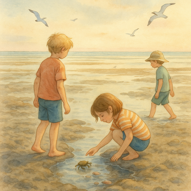 Een kleurrijke tekening van kinderen die met blote voeten in het zachte slik staan en kleine zeedieren in achtergebleven poeltjes observeren tijdens eb in de Waddenzee. Meeuwen vliegen in de lucht boven het weidse landschap.