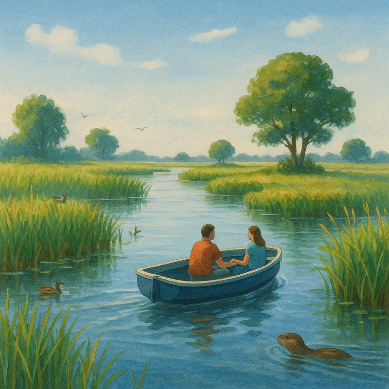 Een rustiek, kleurrijk getekend waterlandschap van Nationaal Park Weerribben-Wieden met een kleine boot, rietkragen, en een weerspiegeling in het kalme water.