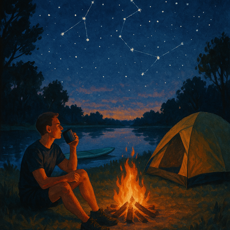 Een illustratie van een persoon die ontspannen bij een kampvuur zit in de Biesbosch, kijkend naar een heldere sterrenhemel, met water en een supboard op de achtergrond.