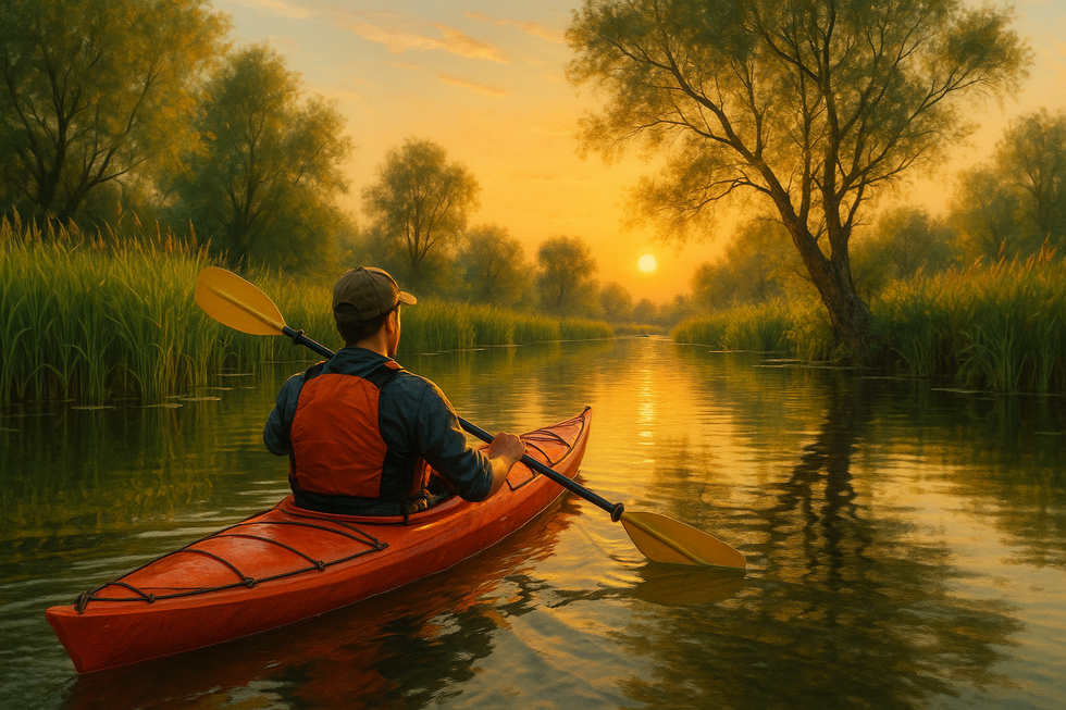 Een eenzame kajakker peddelt door een smalle, zonsondergang verlichte waterweg in de Biesbosch, omringd door groen riet.