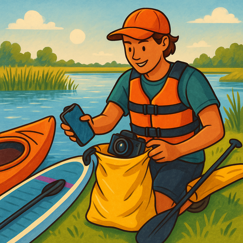 Een kleurrijke tekening van een persoon die een waterdichte tas inpakt met een telefoon en camera, naast een kajak en een SUP-board. Op de achtergrond is de zonnige Biesbosch met water en riet te zien. De persoon draagt een zwemvest.