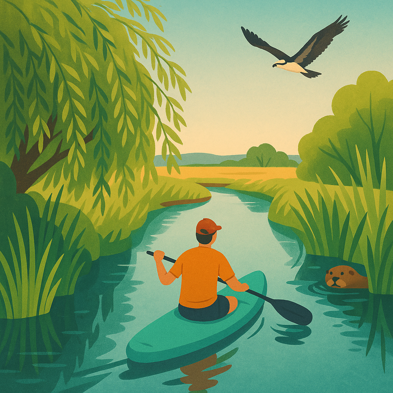 Een illustratie van een kajakker of suppende persoon op rustig water in de Biesbosch, omringd door weelderige groene natuur, met een bever en vliegende visarend zichtbaar. De sfeer is kalm en vredig.
