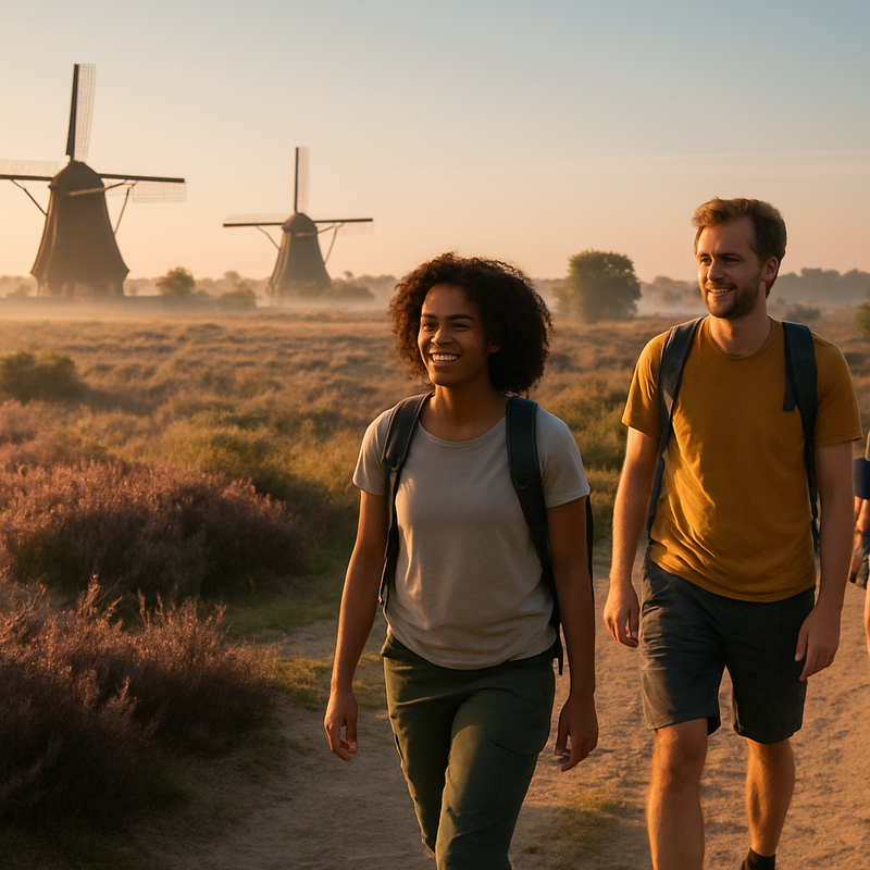 Groep wandelaars op pad door Nederlands heidelandschap met windmolens op achtergrond