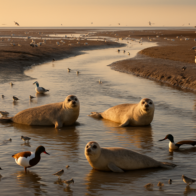 Waddenzee landschap met diverse diersoorten tijdens zonsondergang
