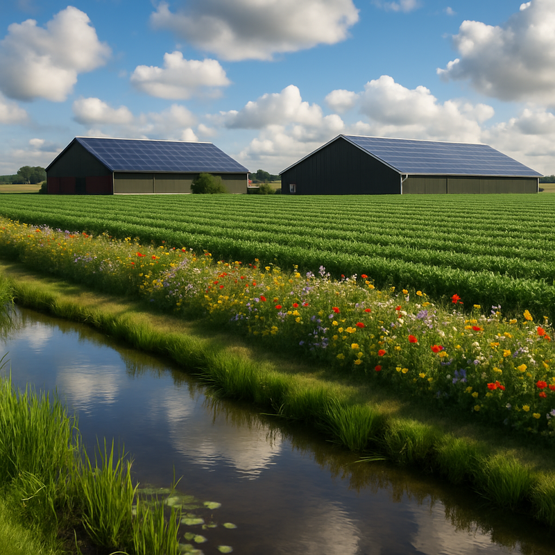 Duurzaam landbouwlandschap met zonnepanelen, bloemstroken en natuurlijk waterbeheer