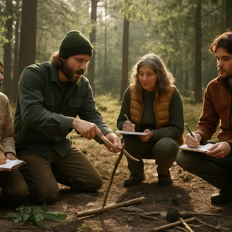 Groep mensen tijdens natuurworkshop in bos met instructeur