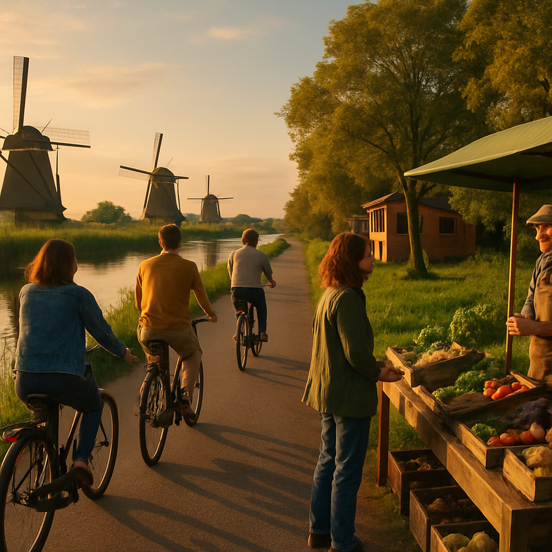 Fietsers op pad door Nederlands natuurgebied met windmolens en duurzame accommodaties