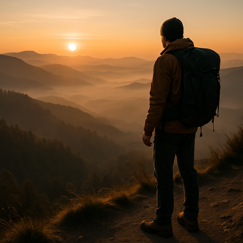 Solo wandelaar op bergtop tijdens zonsopgang met uitzicht over mistige valleien