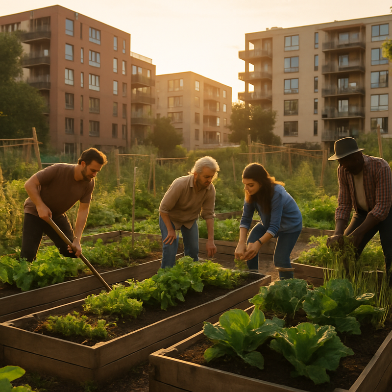 Mensen werken samen in een stedelijke moestuin met groentebedden en flatgebouwen op de achtergrond