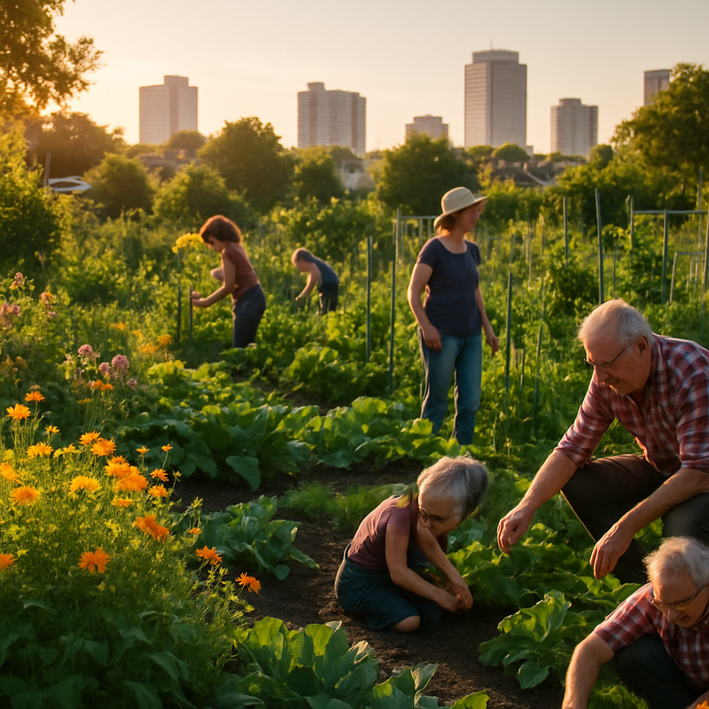 Volkstuin met diverse gewassen en bloemen, stadsbebouwing op achtergrond