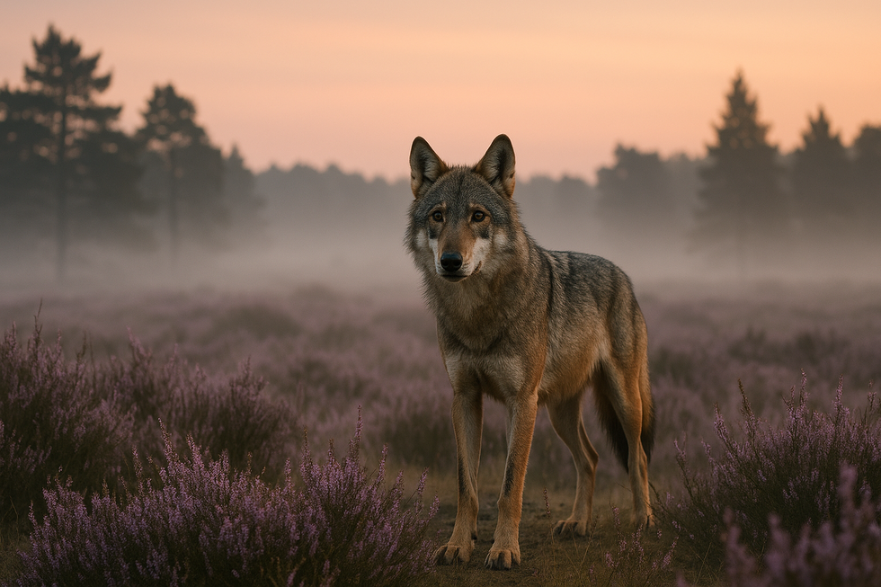 Wolf staand in paars heideveld op de Veluwe tijdens zonsopgang
