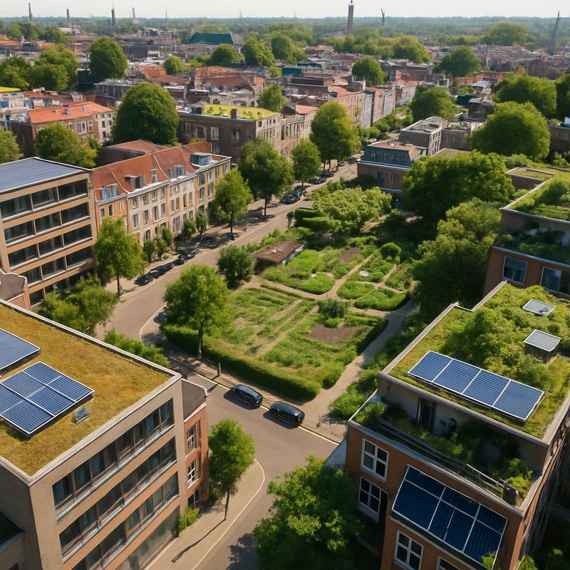 Luchtfoto van Nederlandse stad met groene daken, zonnepanelen en stadsparken