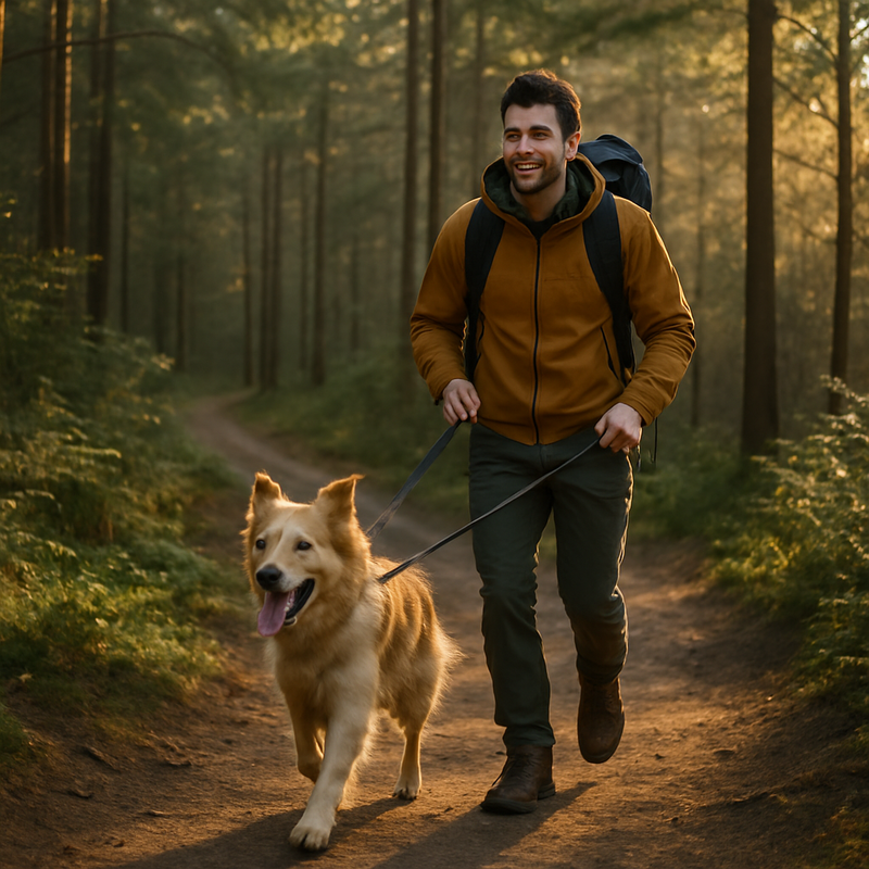 Persoon wandelt met aangelijnde hond op bospad