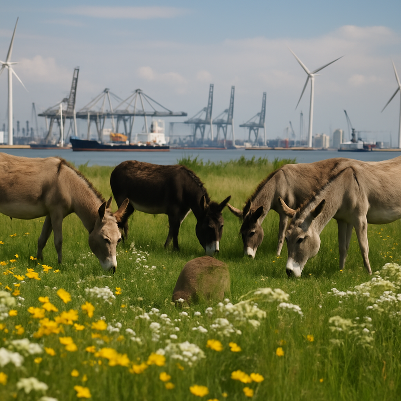 Grazende ezels in Nederlands natuurgebied met havenfaciliteiten op achtergrond