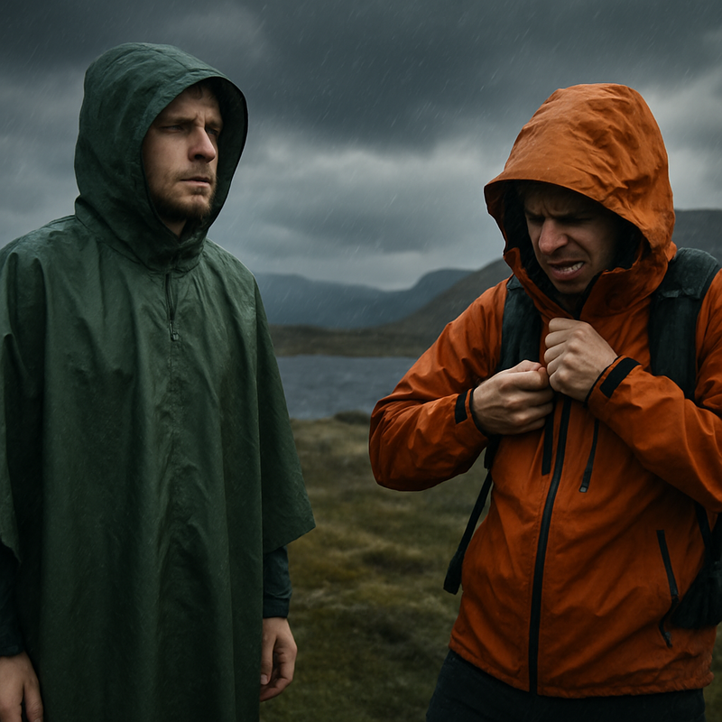 Twee wandelaars in de regen, één met poncho en één met dure jas