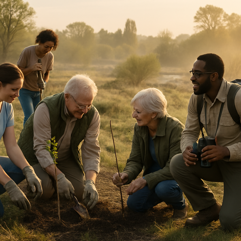 Groep vrijwilligers plant bomen in natuurgebied