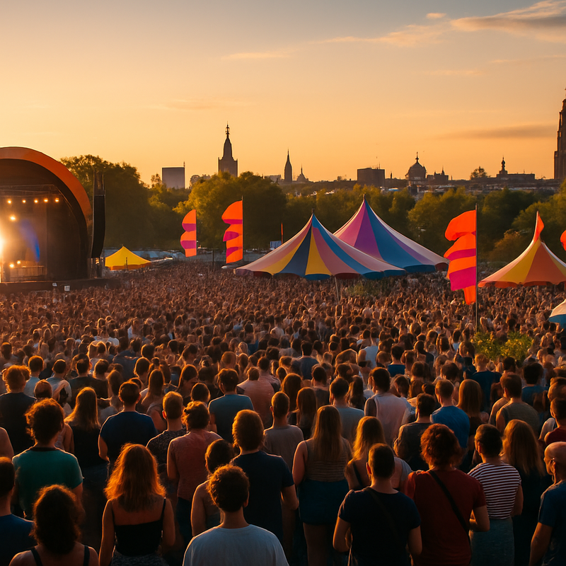 Menigte bij outdoor muziekfestival in Nederlands park tijdens zonsondergang